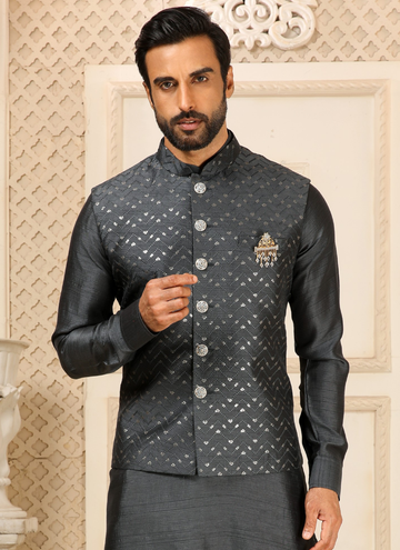 Grey Embroidered Work Silk Indian Mens Wear Koti Kurta Set